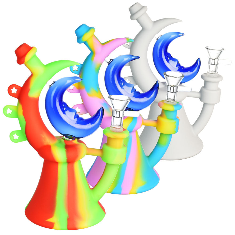 Crescent Moon Silicone & Glass Water Pipe - 7.5"/14mm F/Colors Vary