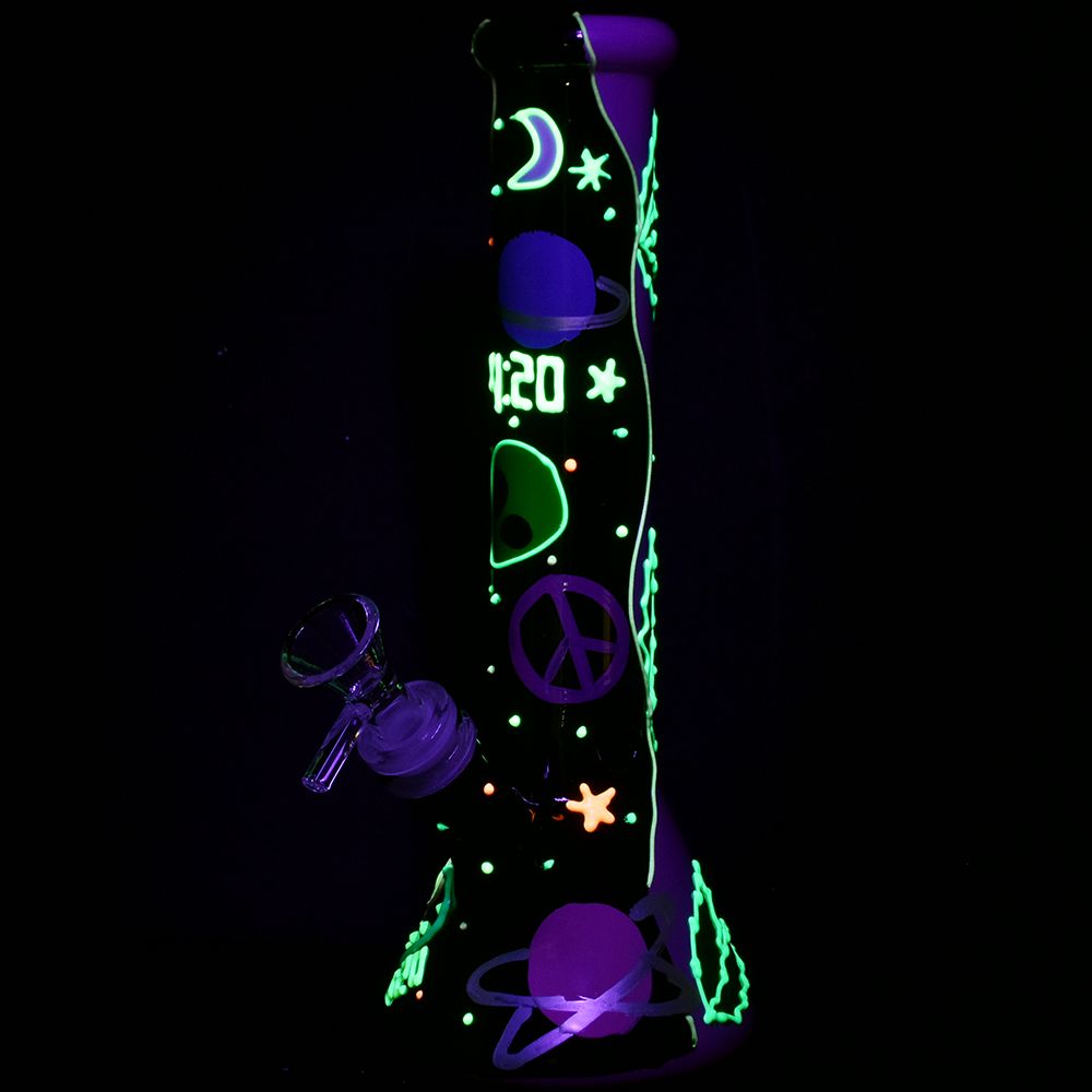 420 Beam Me Up Beaker Glow In The Dark Glass Water Pipe - 9.5" / 14mm F